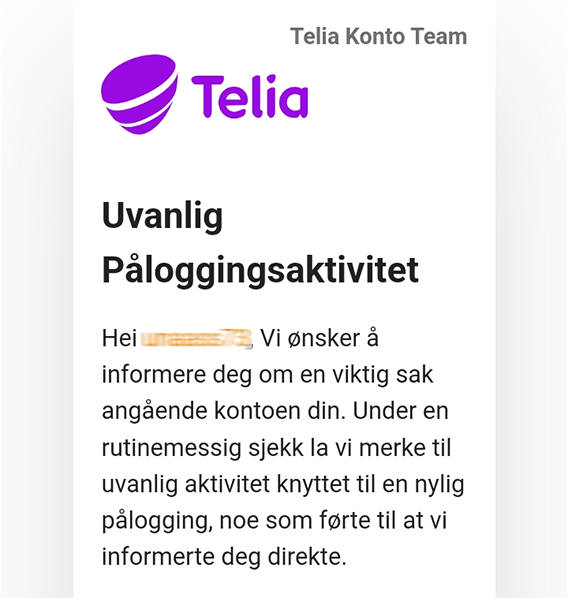 Svindel-e-post som utgir seg for å være fra Telia