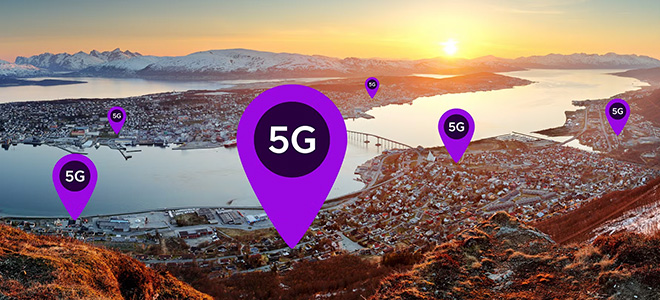 Utsikt over Tromsø med 5G-symboler rundt komkring